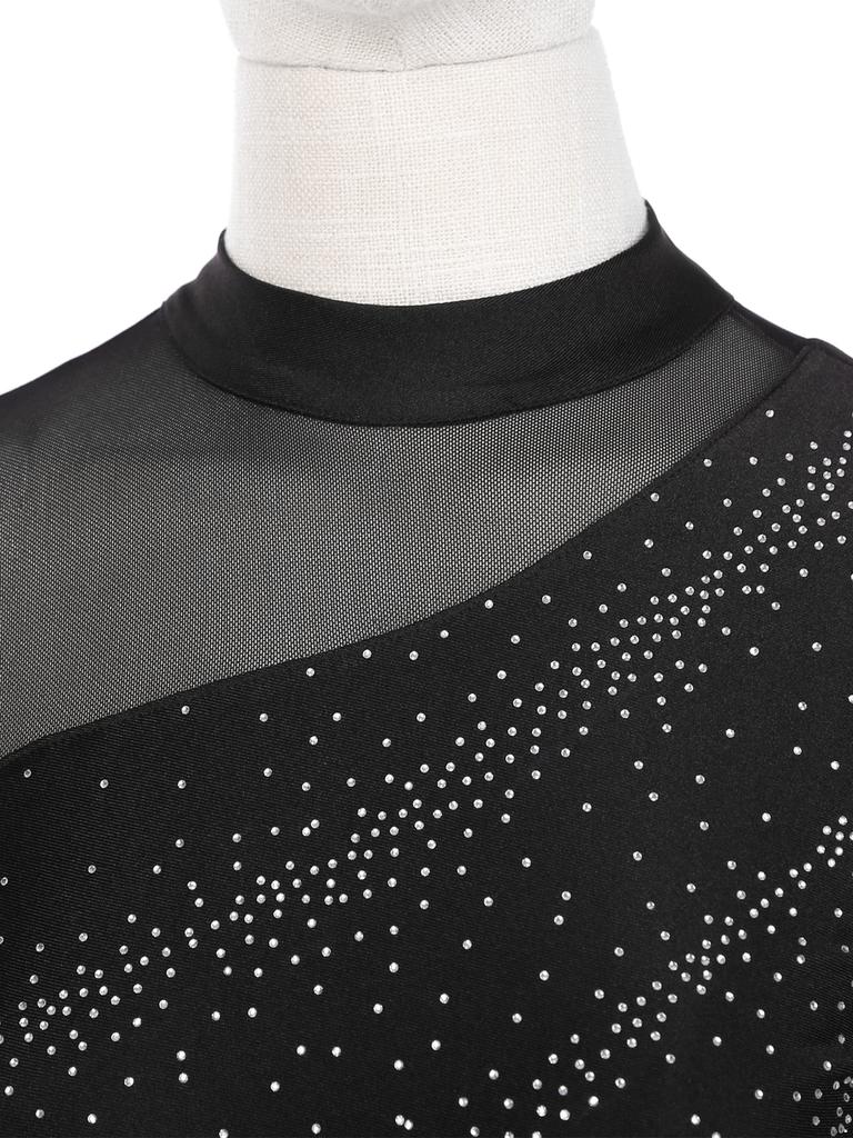 Женский блестящий стразовый прозрачный сетчатый лоскутный купальник для фигурного катания и танцев с длинным рукавом