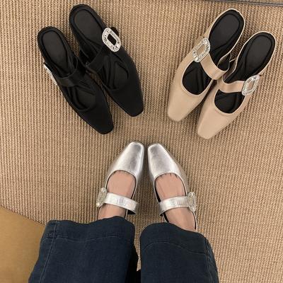 Французские полутапочки с плоским дном и серебряными стразами, женская обувь, новинка 2025 года, туфли Мэри Джейн для весны и лета