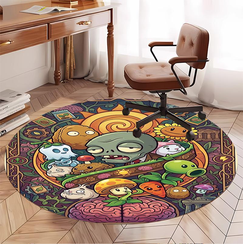 Plants VS Zombies Pattern Round Rug, Indoor/Outdoor Mat, for Picnic, Gameroom, Bedroom, Office, Living Room, Home Decor Carpet, Birthday Gift