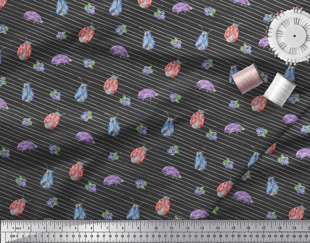 Soimoi Black Japan Crepe Satin Fabric Ladybug Insect Print Fabric by the Metre 42 Inch