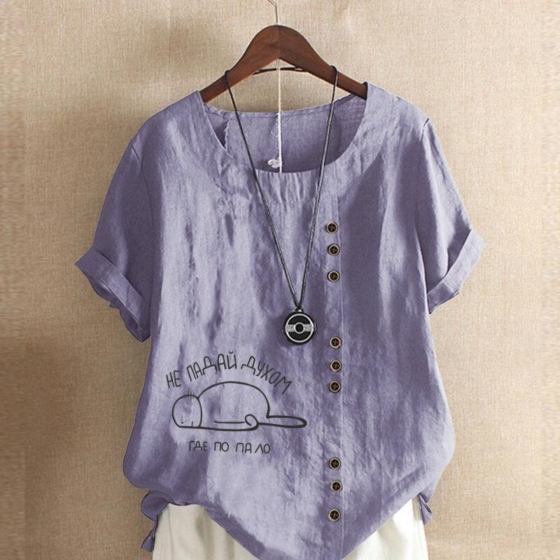 Женская мода с круглым вырезом и коротким рукавом, повседневная хлопковая льняная рубашка с рисунком, свободная летняя блузка с буквенным принтом для отдыха, топы больших размеров