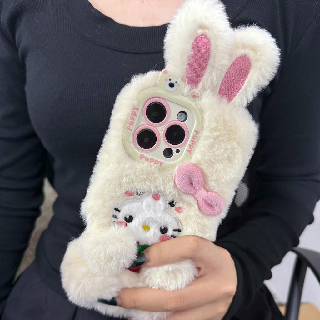 Cartoon Cute 3D Bow Plush Bunny Kawaii Phone Accessories for iPhone 16 Pro Max