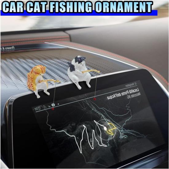 2PCS Cute Fishing Cat Car Accessories - Resin Pussy Dashboard Ornament & Rearview Mirror Decoration for Car Interior, Funny Cartoon Cat Figurines