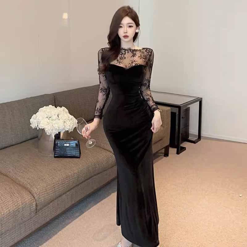 2025 женский темперамент сексуальный кружевной сращивание тонкий тренд платье
