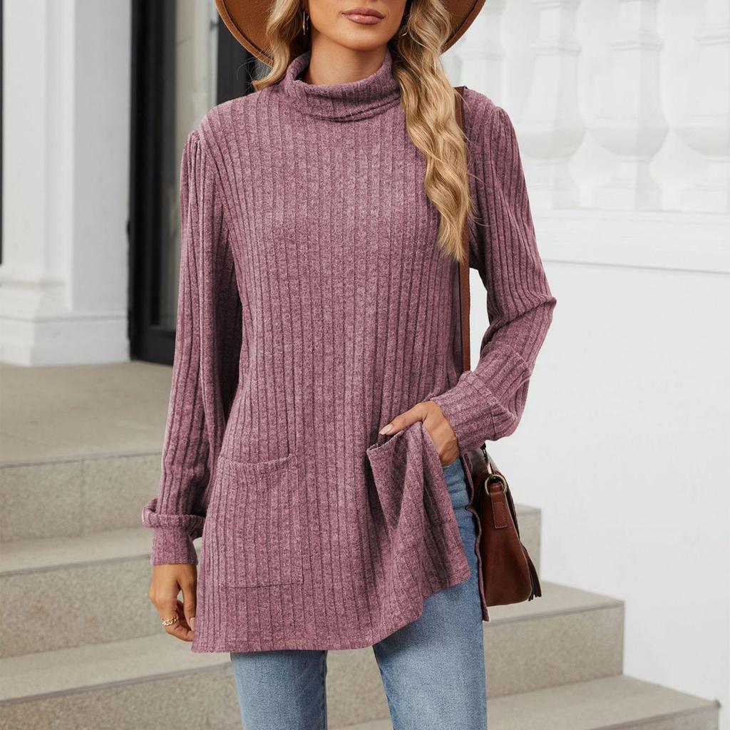 Women's Fashionable Solid Color Half High Neck Long Sleeved Wide Hem Slit T-shirt Top