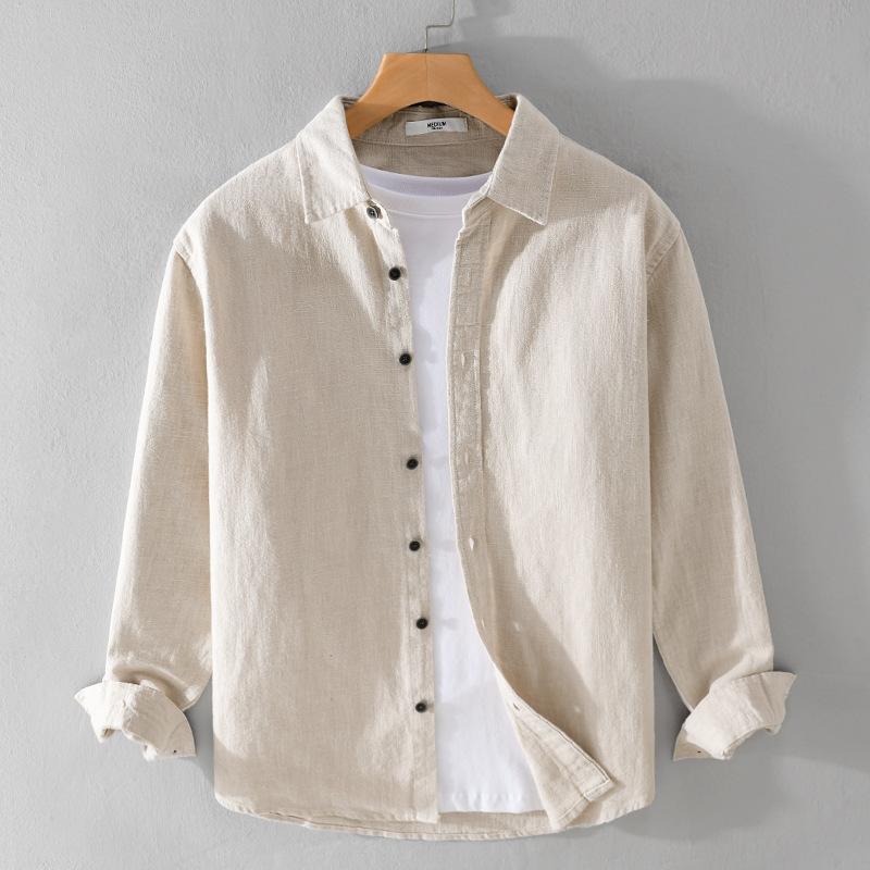 Long Sleeve Cotton Linen Man Shirts Summer Tops Classical Turn-down Collar Green Button Shirt Daily Men's Casual Shirt Beach Breathable Shirt