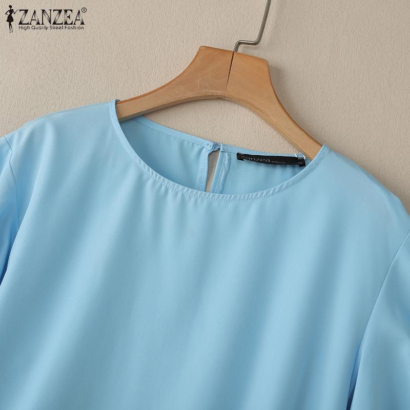 ZANZEA Женская повседневная блузка с круглым вырезом и оборками с коротким рукавом