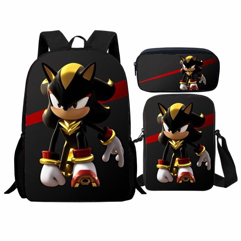 Printed Sonic Student School Bag Three-piece Set, Casual Sonic Backpack Crossbody Bag Pencil Bag Men and Women
