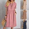 Women's Cotton Linen Summer Dress Round Neck Short Sleeve Midi Dress Loose
