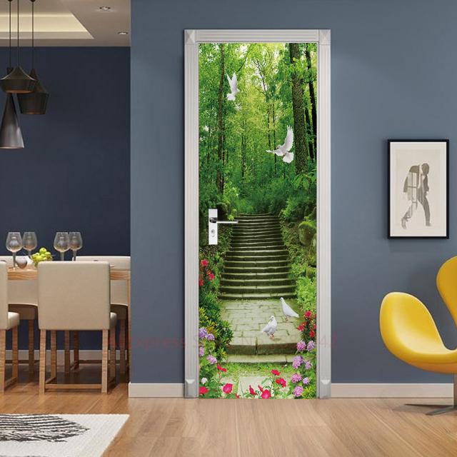 Растение, джунгли, пейзаж, наклейки на дверь, украшение для спальни, ванной комнаты, комната для мальчиков и девочек, оконная стена, 3d обои, вход, постер, фреска