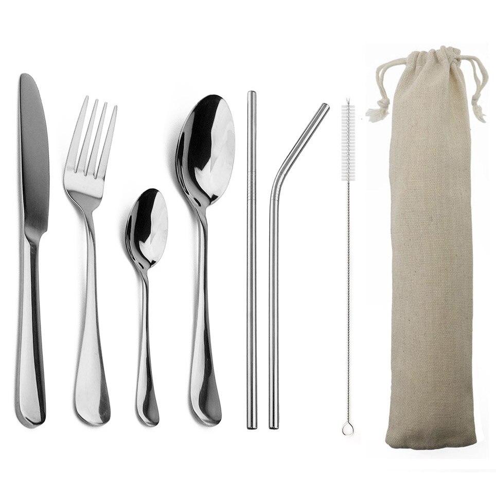 Travel Black Dinnerware Set 8Pcs Cutlery Sets Knives Forks Scoops Stainless Steel Straw Tableware Teaspoon Silverware Set White Bag