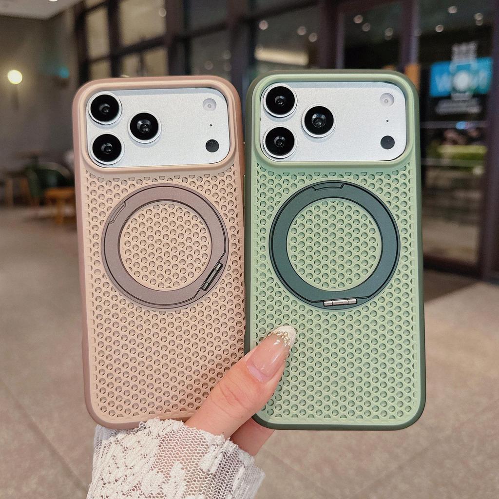 Магнитный чехол для iPhone 17 Pro Max с сотовой структурой для рассеивания тепла, вращающейся на 360° подставкой и полной защитой.