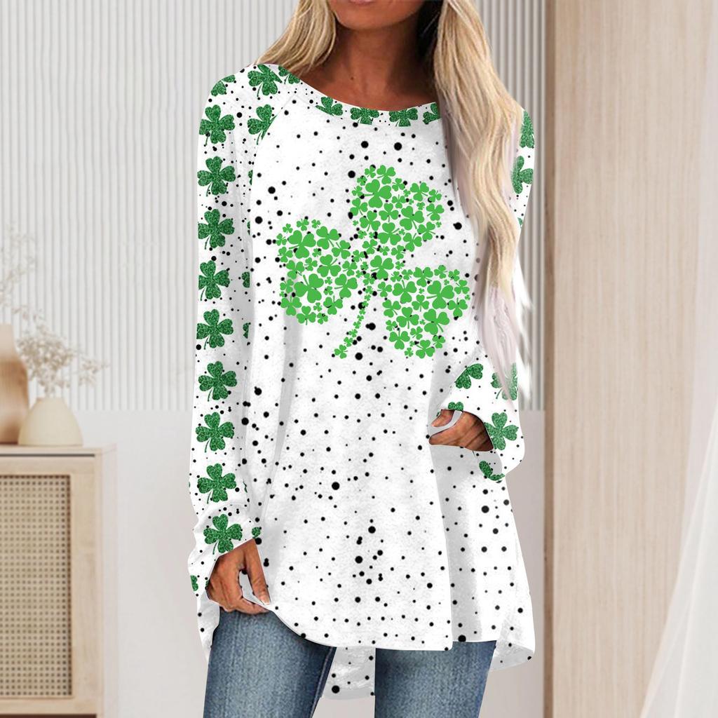 Fashionable Women's Casual Loose Round Neck Long Sleeved Saint Patrick Printed T-shirt Top