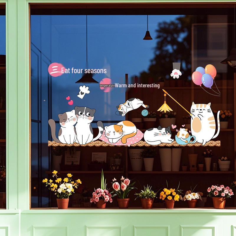 Милая Кошка Статичная Наклейка на Стекло - Без Клея, Цельный Лист для Раздвижных Дверей и Окон