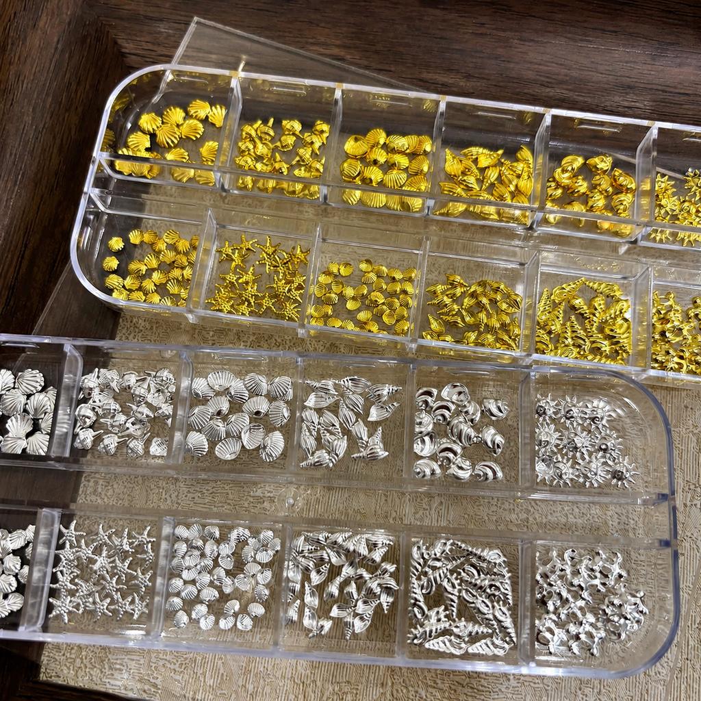 11 Grid Ocean Series Metal Nail Charms Gold Silver Shell Starfish Mixed Nail Art Decoration Accessories