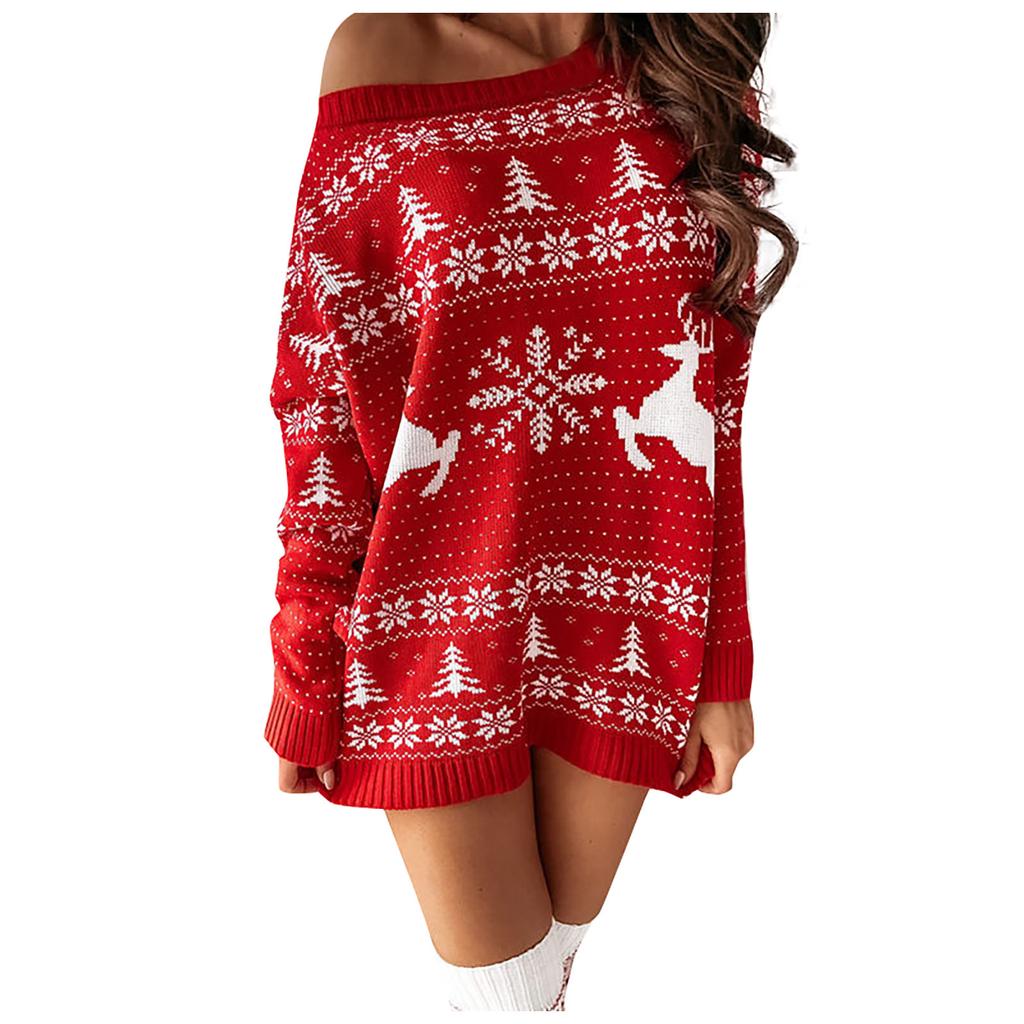 Women's /Winter Knitted Sweater Christmas Print Loose Long Sleeve Dress