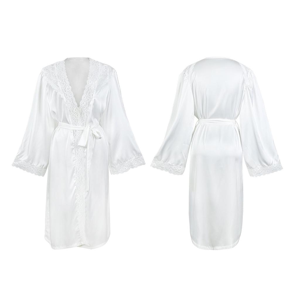 New Satin Pajamas Women's Lace Light Luxury Long-sleeved Cool Nightgown Bathrobe Women's Clothing