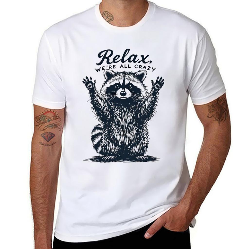 Funny Raccoon Relax Were All Crazy TShirt Work Utility Short Sleeve Shirt