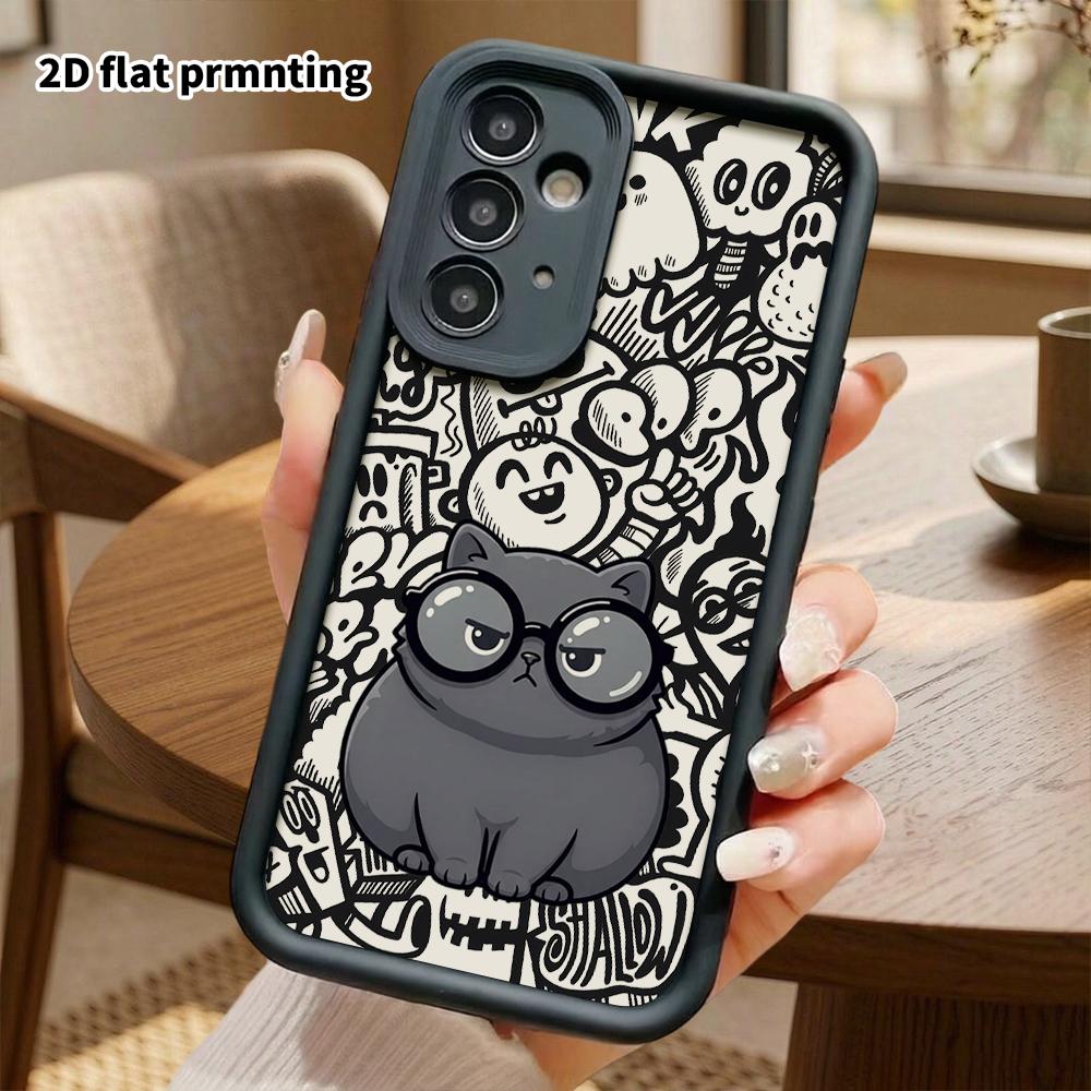 Phone Case: 2D Flat Samsung Galaxy A34 A35 M05 M06 S20 S22 S21 FE Plus 5G Protective Case, Dark Gray Chubby Cat, Christmas and Halloween Gift