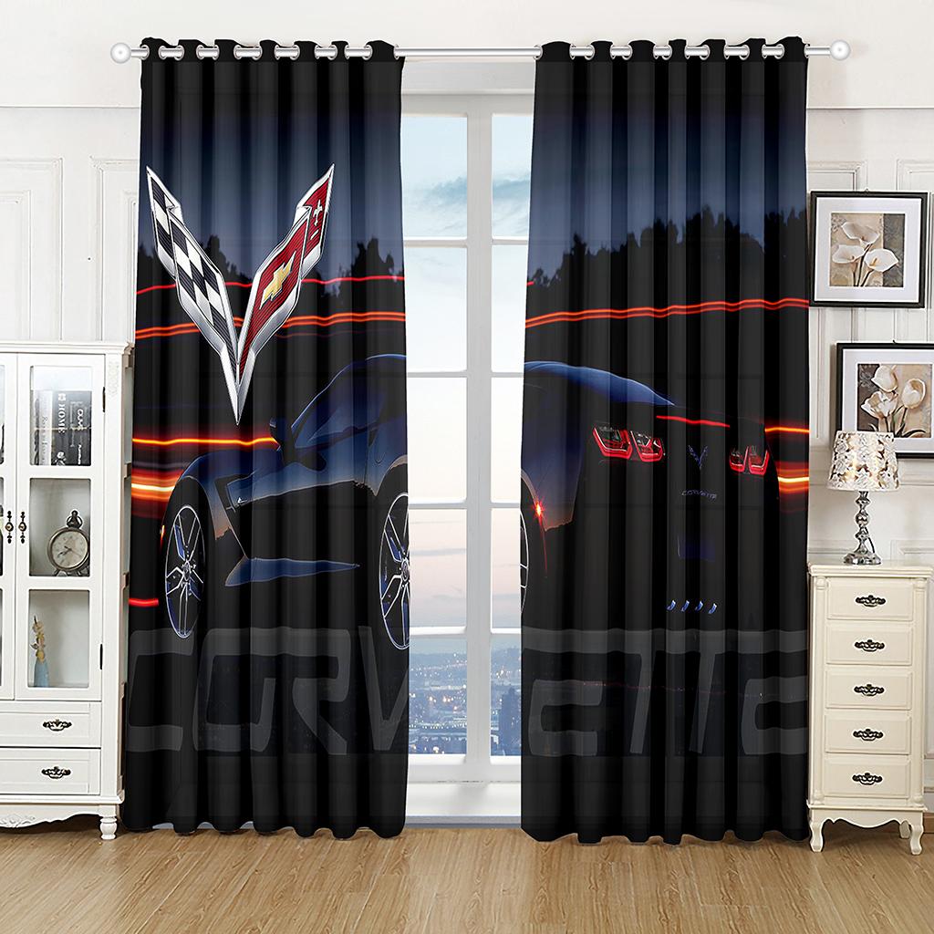 3D Sports Racing Car Printed Window Curtains for Boys Men Adults Scenery Living Room Bedroom Kitchen Semi-Blackout Curtain Drape
