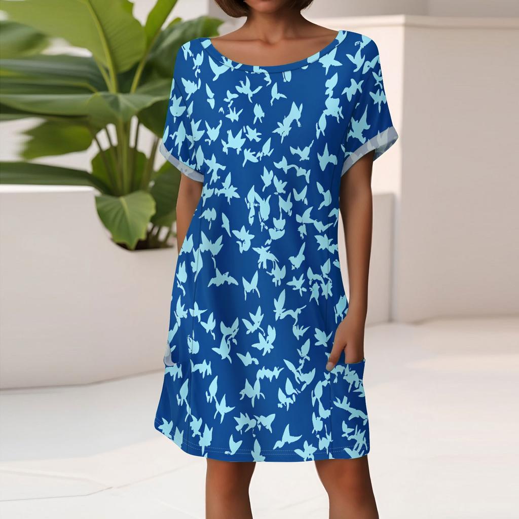 Women's Fashion Short Sleeve Dress With Pockets Floral Print Casual Beach Dress