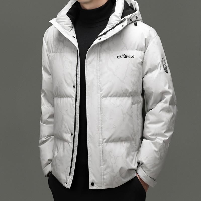 Mens Winter Hooded Stand Collar Puffer Jacket Warm Loose Fit Colorblock Down Coat Daily Wear