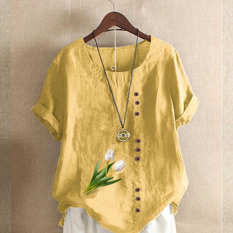 Women's Fashion Round Neck Short Sleeve T-shirt Casual Cotton Linen Graphic Shirt Leisure Loose Tulips Prined Summer Blouse Tops