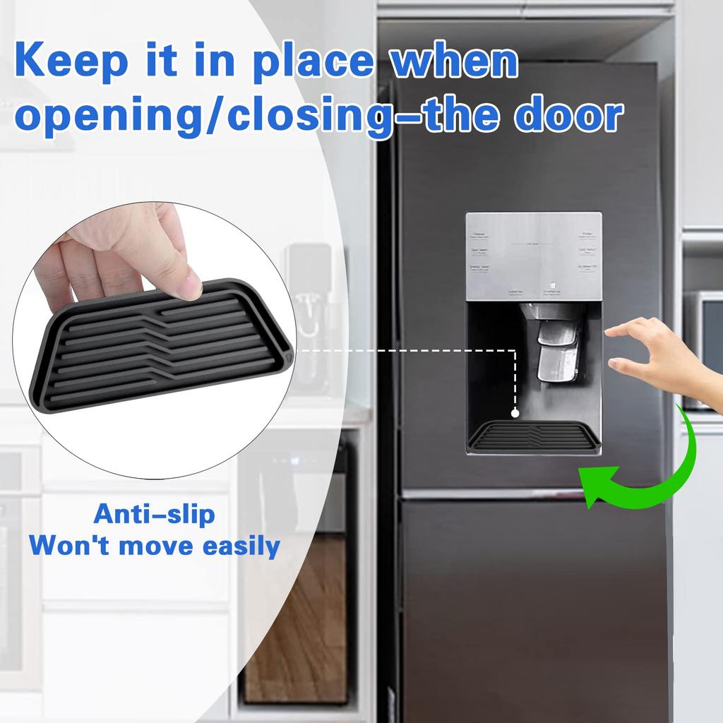 Drip Tray for Refrigerator 2 Pcs - Reusable Silicone Water Dispenser Mat in Black Adjustable 2 Size Design Catches Spills Dishwasher Safe Catch Tray