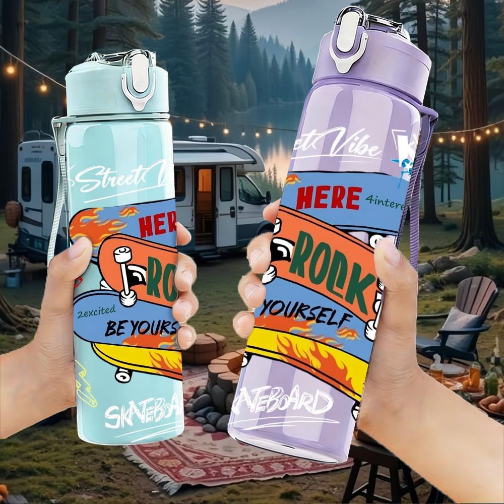 1PC Stacked Skateboard Retro Skate Culture Art 750ml Color Plastic Sports Water Bottle Leakproof Flip Straw Lid Suitable for Sports Office Home Use