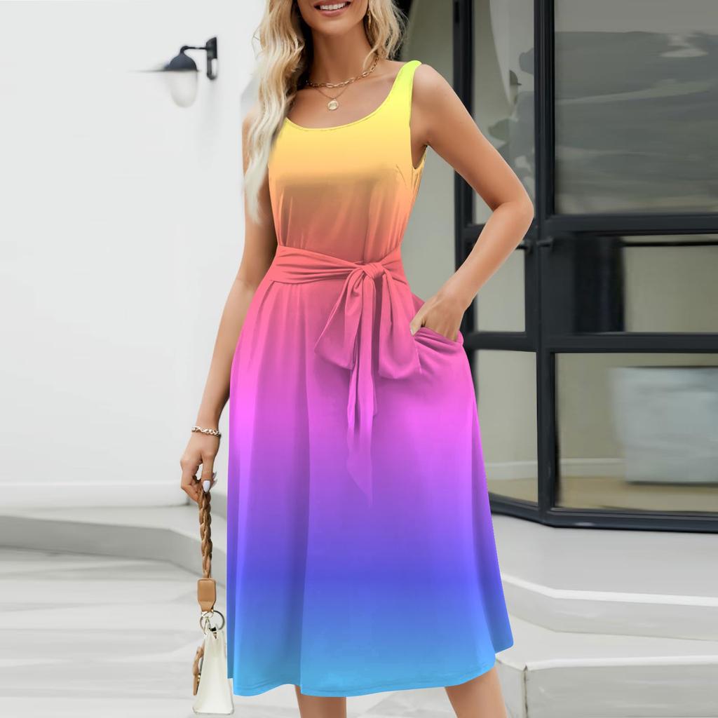 Летние платья для женщин 2024, пляжные свободные с круглым вырезом, без рукавов, миди-трапеции, распашное платье, сарафаны с карманами