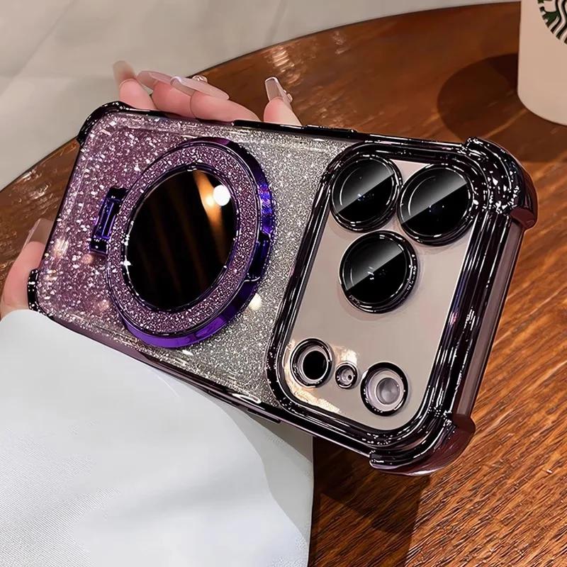 Роскошный чехол-подставка с блестками для iPhone 17 16 15 14 Pro Max Plus 12 13 Air Зеркальный держатель-кольцо Чехол с градиентом Bling для макияжа