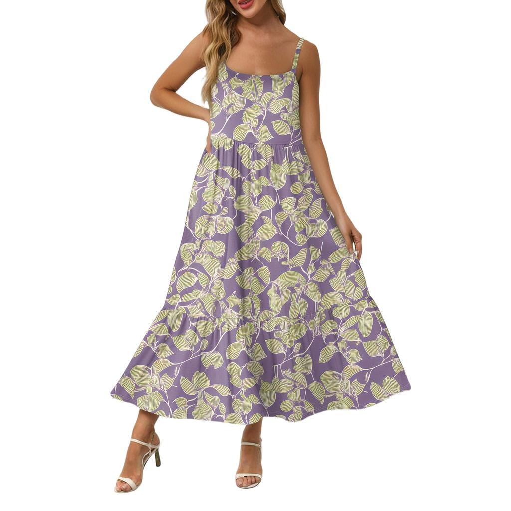 Women's Long Beach Casual Elegant Spaghetti Strap Maxi Dress Stitching Low-key Flowing Bohemian Dress