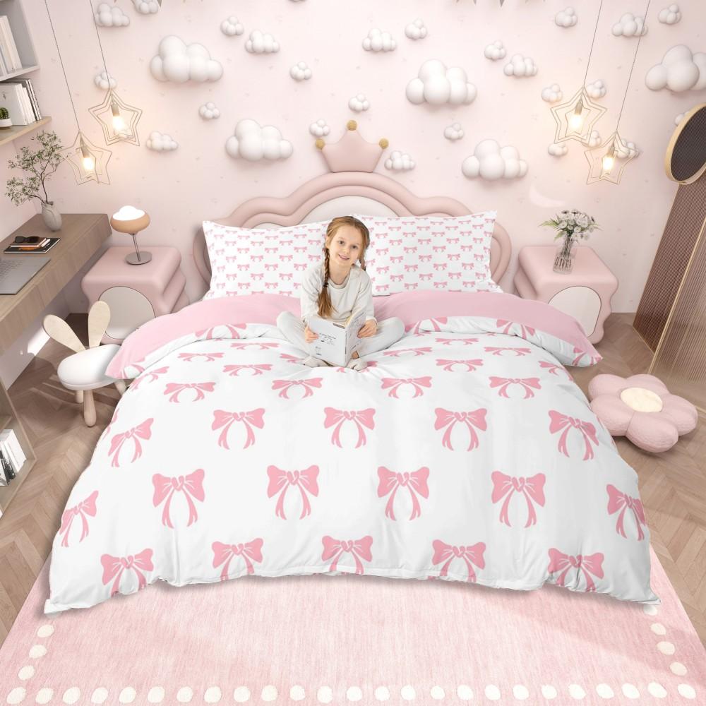 Homewish Pink Ribbon Bow Duvet Cover Set for Girls,Kawaii Princess Cartoon Bedding Set,Cute Stars Print Reversible Bed Set