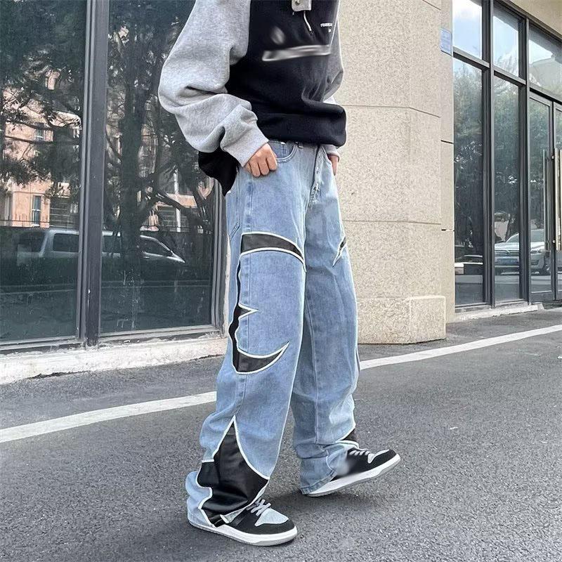 Весенние и осенние мужские модные прямые джинсовые брюки с вышивкой