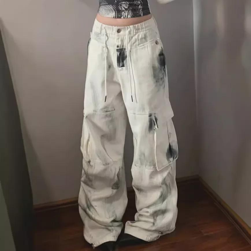 Женские джинсы в американском стиле с потертостями и широкими штанинами, с множеством карманов