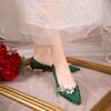 Flowers Pointed Toe Pumps for Women's 2024 New Green Silk Low Heels Shoes Woman Slip On Thin Heeled Lady Shoes Green Party Shoes