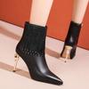 High Heel Women's Boots 2024 Winter Fashion PU Leather Pointed Toe Ankle Boots Crystal Luxury High Heels Pumps Zapatos