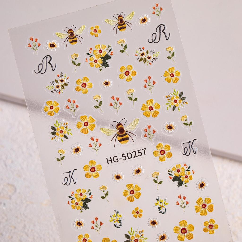 5D Embossed Sunflower Bee Nail Stickers - Three-Dimensional Embroidery Style
