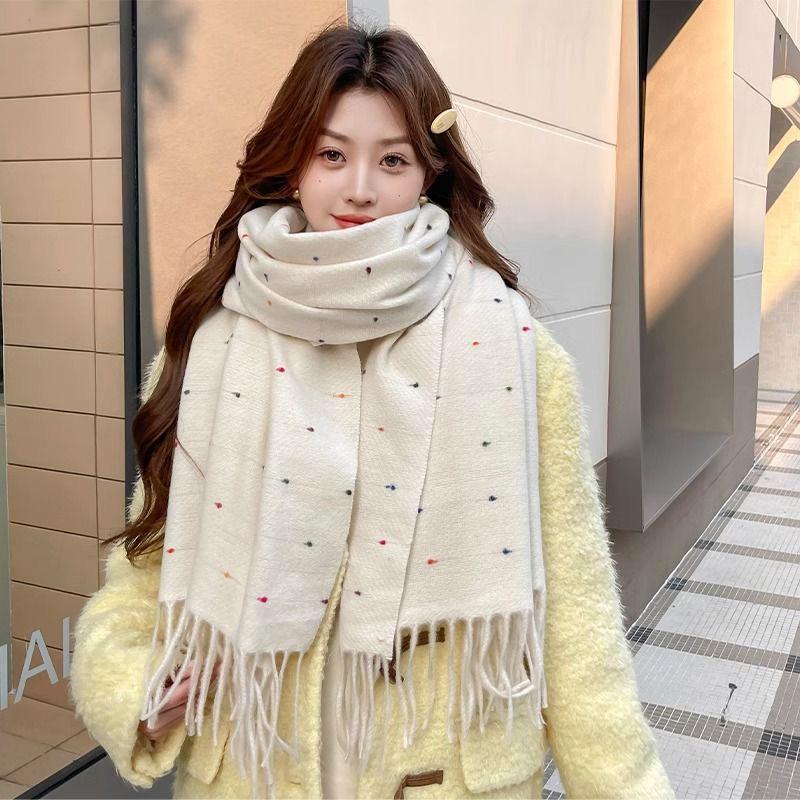 Элегантный звездно-белый шарф для женщин – осенне-зимняя шаль с кисточками и волнистым узором в горошек, корейский стиль
