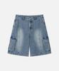 DRAW FIT Curved Line Cargo Denim Half Pants [Dusty Blue]