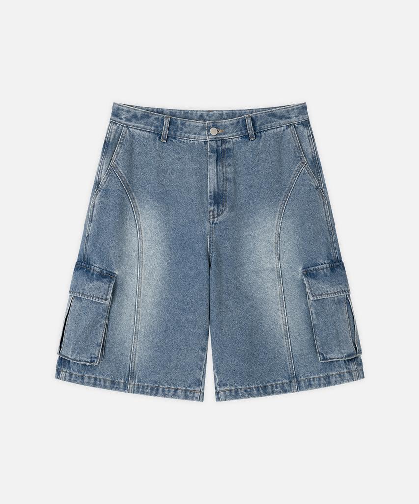 DRAW FIT Curved Line Cargo Denim Half Pants [Dusty Blue]