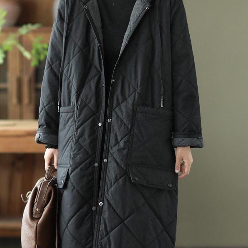 Осеннее винтажное пальто большого размера с капюшоном в виде ромба, женская зимняя новая хлопковая куртка, свободная повседневная куртка средней длины с контрастными цветами и подкладкой из хлопка