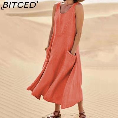 Летние женские хлопковые платья с карманами и круглым вырезом без рукавов