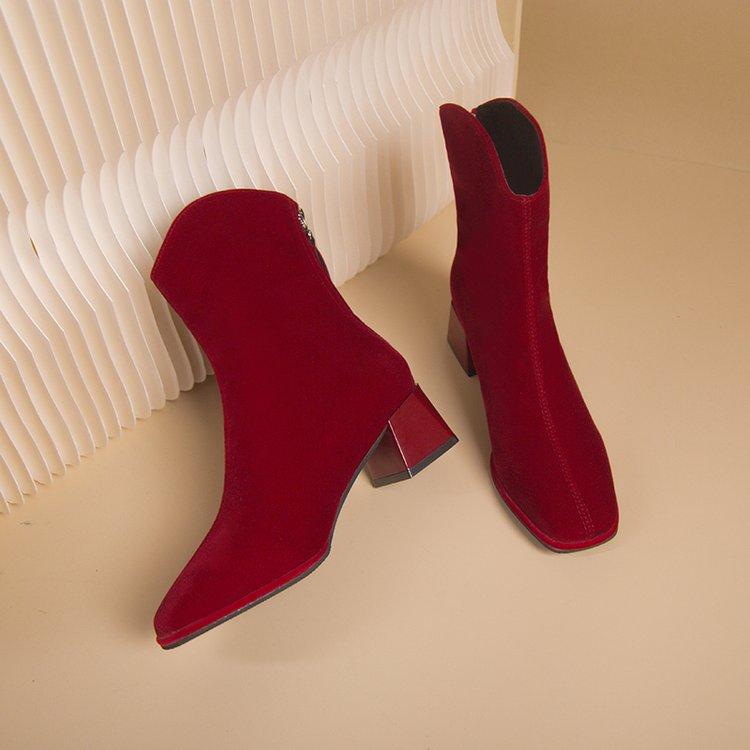 Ботильоны на толстом каблуке, черные, коричневые, флок, женские зимние туфли, элегантные, на высоком каблуке, с острым носком, короткие женские ботильоны