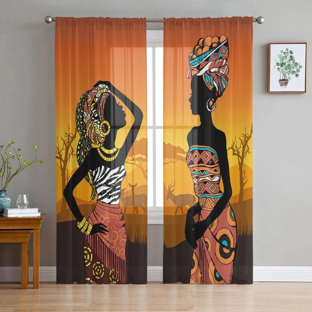 Ethnic Style African Women Black Women Sheer Curtains for Living Room Decoration Window Curtain Kitchen Tulle Voile Drapes