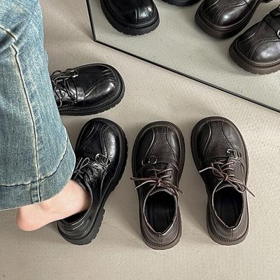 Британский стиль толстый каблук высокий каблук маленькие кожаные туфли женские летняя мода ретро шнуровка юбка одинарная обувь толстая подошва мелкий вырез лоферы