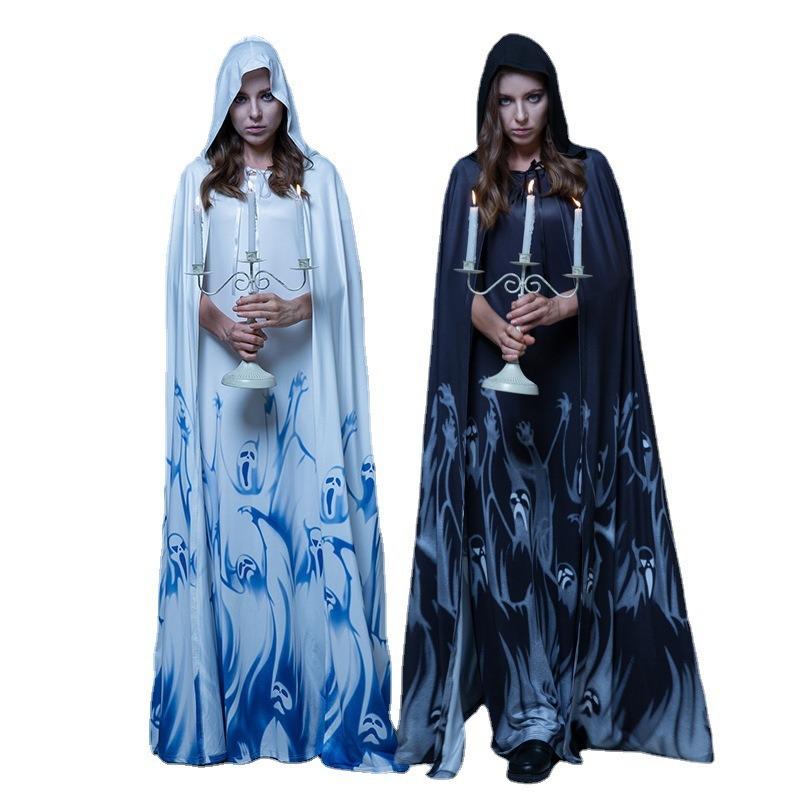 Halloween Costume Cape Dress Ghost Bride Reaper Witch Robe Print Horror Skull Vampire