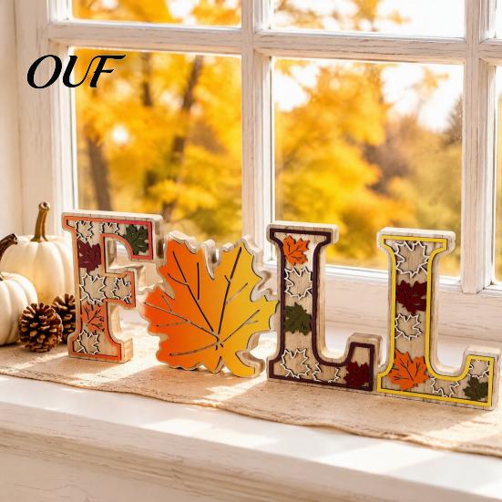 Autumn Harvest Party Ornaments 4Pcs/Set Fall Wooden Tabletop Signs, Maple Leaf Letter Decorations for Seasonal Holiday Supplies Tiered Tray Fireplace