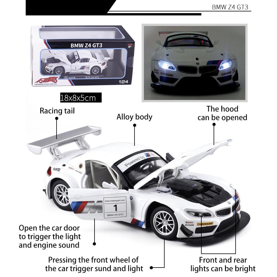 Масштаб 1/24 Z4 GT3, литая под давлением модель автомобиля, игрушечный автомобиль с откатным механизмом, звуком и светом для детей, коллекция подарков для мальчиков и девочек