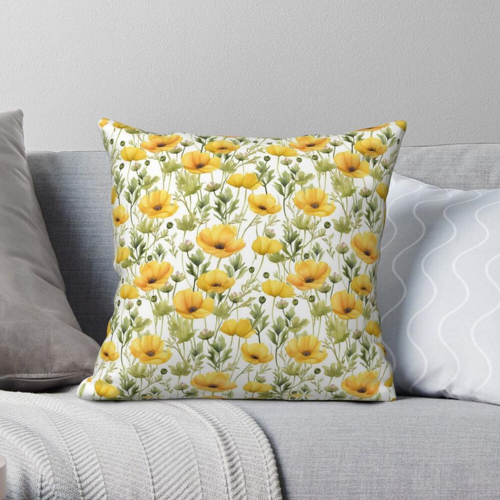 Buttercup Watercolor Floral Square Pillowcase Polyester Linen Velvet Creative Zip Decor Pillow Case Car Cushion Cover